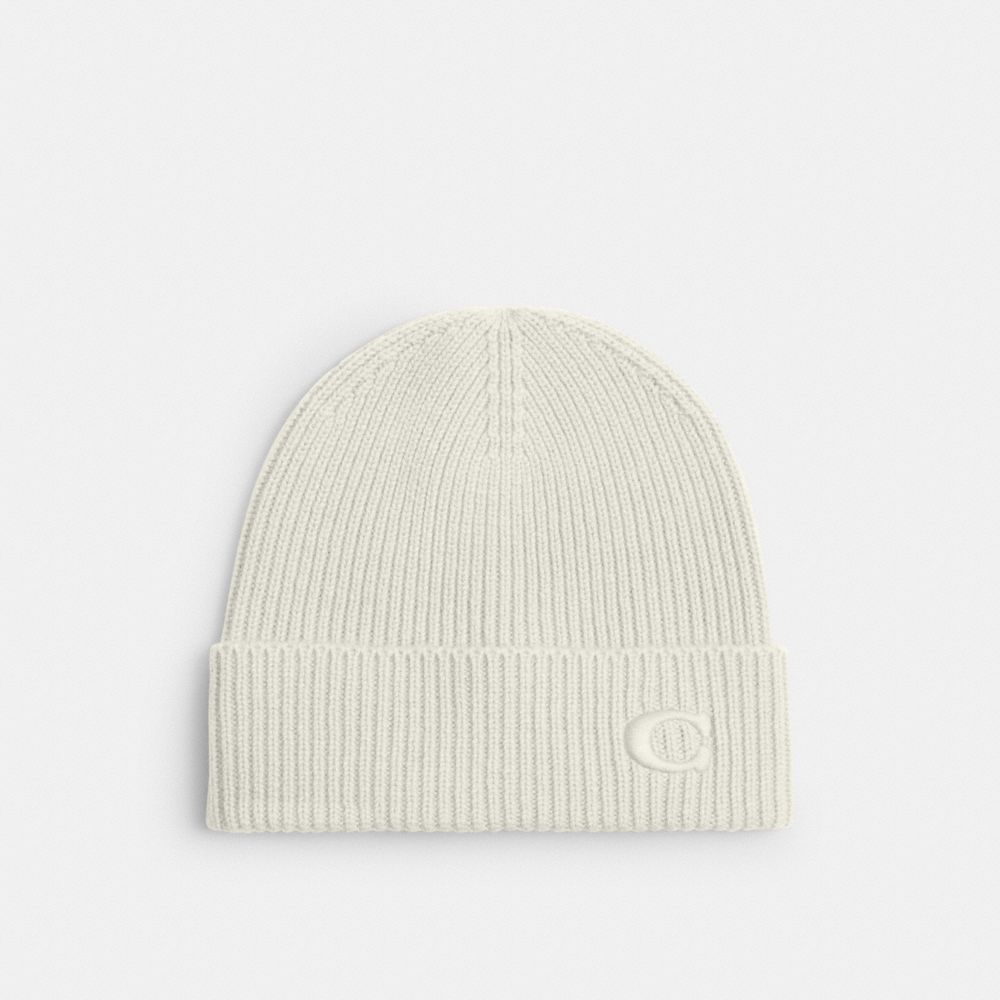 COACH®,Knit Beanie,Wool,Beanie,Embroidered,Logo,Casual,Cream,Front View image number 0