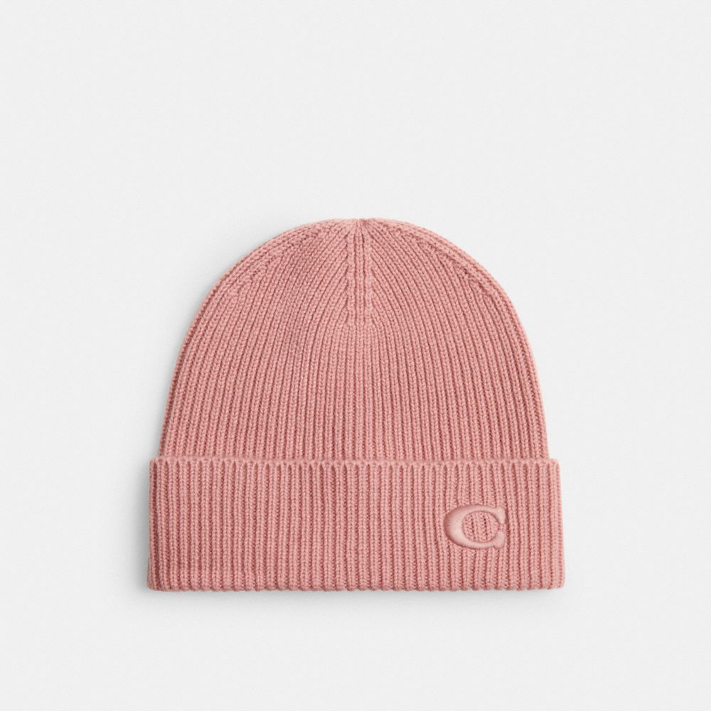 COACH®,Knit Beanie,Wool,Beanie,Embroidered,Logo,Casual,Pink,Front View