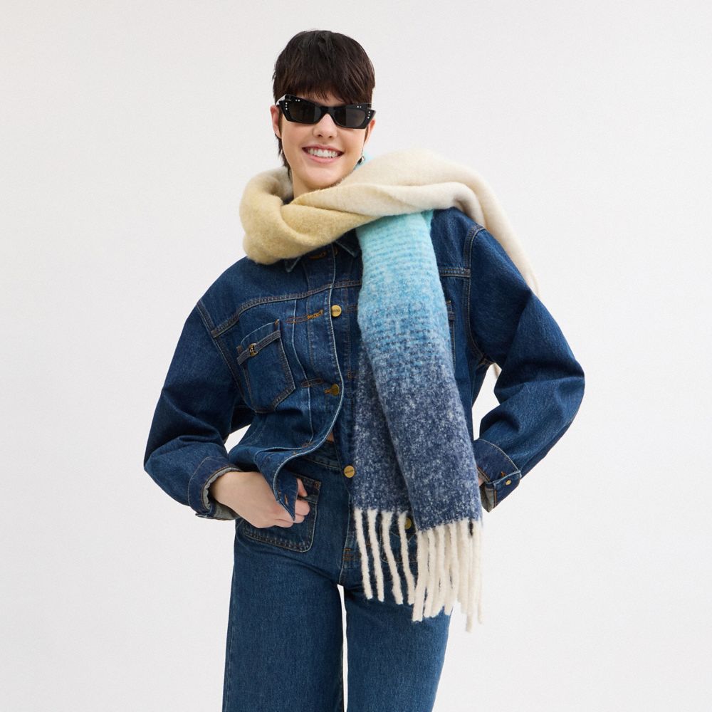 COACH®,Ombre Muffler With Leather Patch,Alpaca,Rectangle,Logo,Fringe,Applique,Casual,Multi Color,Detail View