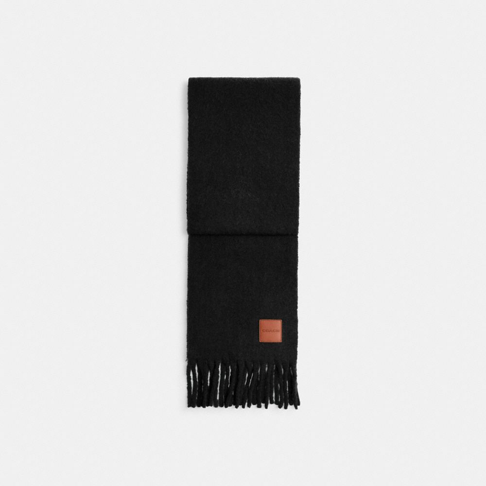 COACH®,Oversized Muffler With Leather Patch,Alpaca,Rectangle,Fringe,Applique,Logo,Casual,Black,Front View