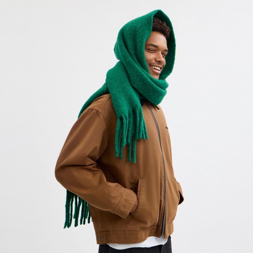 COACH®,Oversized Muffler With Leather Patch,Alpaca,Rectangle,Fringe,Applique,Logo,Casual,Emerald,Detail View