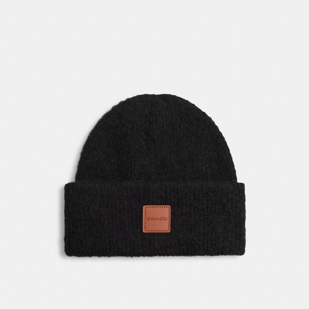 COACH®,Knit Beanie With Leather Patch,Wool Blend,Beanie,Logo,Lined,Casual,Black,Front View