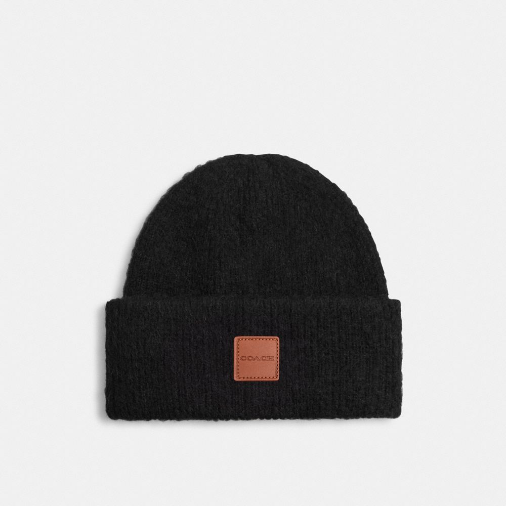 Coach Knit Beanie With Leather Patch In Black