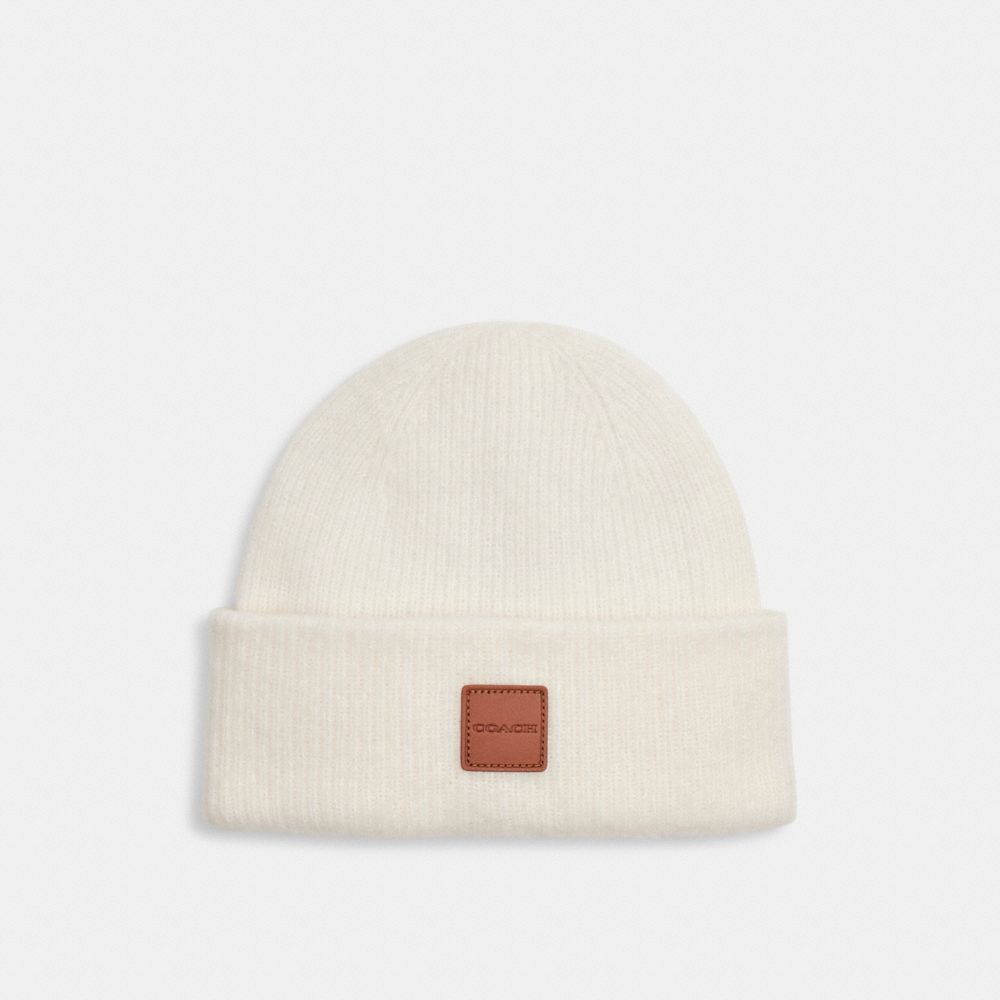 COACH®,Knit Beanie With Leather Patch,Wool Blend,Beanie,Logo,Lined,Casual,Cream,Front View