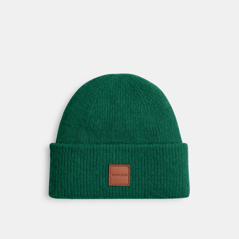 COACH®,Knit Beanie With Leather Patch,Wool Blend,Beanie,Logo,Lined,Casual,Emerald,Front View