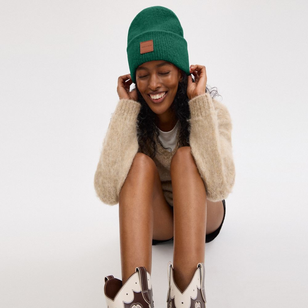 COACH®,Knit Beanie With Leather Patch,Wool Blend,Beanie,Logo,Lined,Casual,Emerald,Detail View