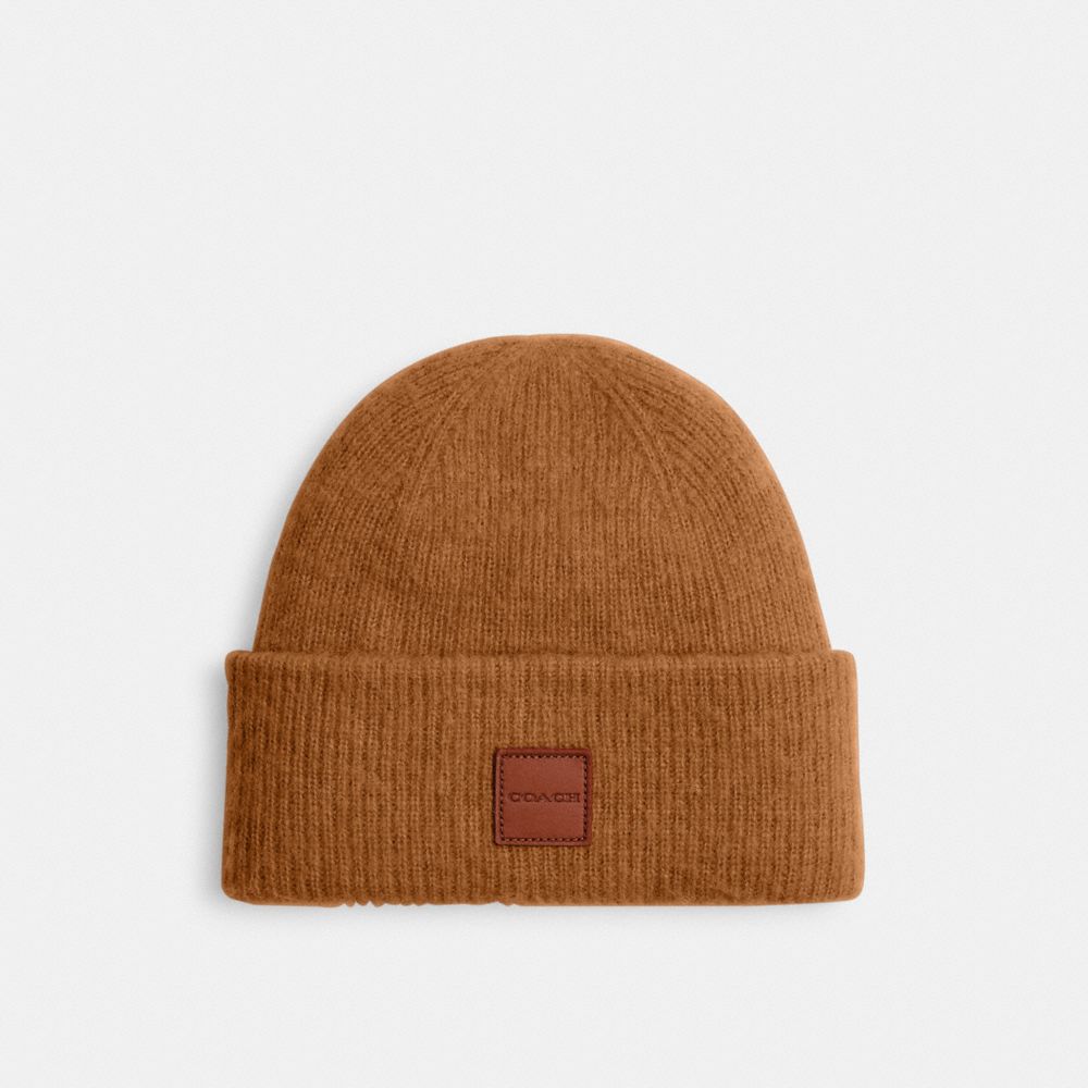 Coach Knit Beanie With Leather Patch In Honey Brown