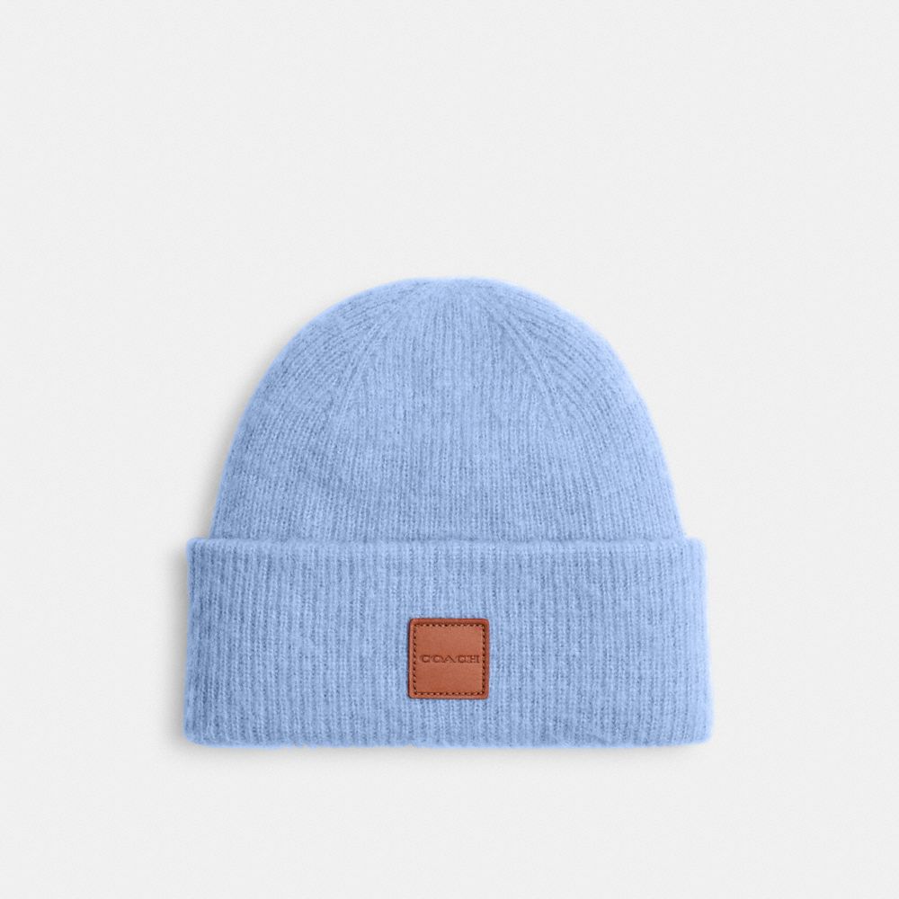 COACH®,Knit Beanie With Leather Patch,Wool Blend,Beanie,Logo,Lined,Casual,Blue,Front View