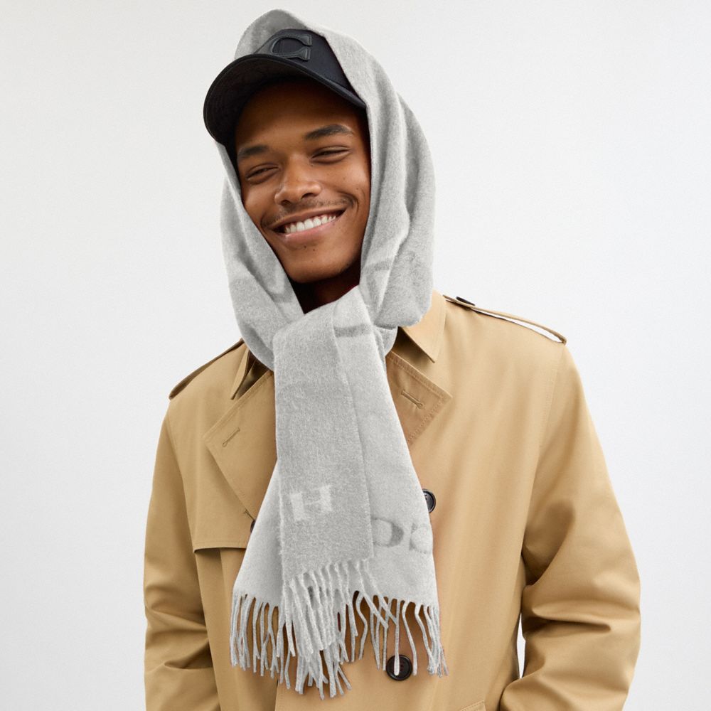 COACH®,Horse And Carriage Cashmere Muffler,Cashmere,Rectangle,Fringe,Casual,Gray,Angle View