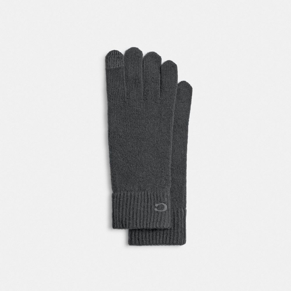 COACH®,Knit Tech Gloves,Wool,Classic Gloves,Embroidered,Logo,Tech Touch,Casual,Gray,Front View