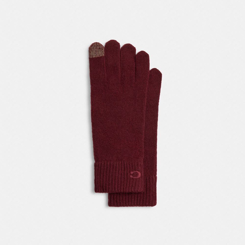 COACH®,Knit Tech Gloves,Wool,Classic Gloves,Embroidered,Logo,Tech Touch,Casual,Maroon,Front View