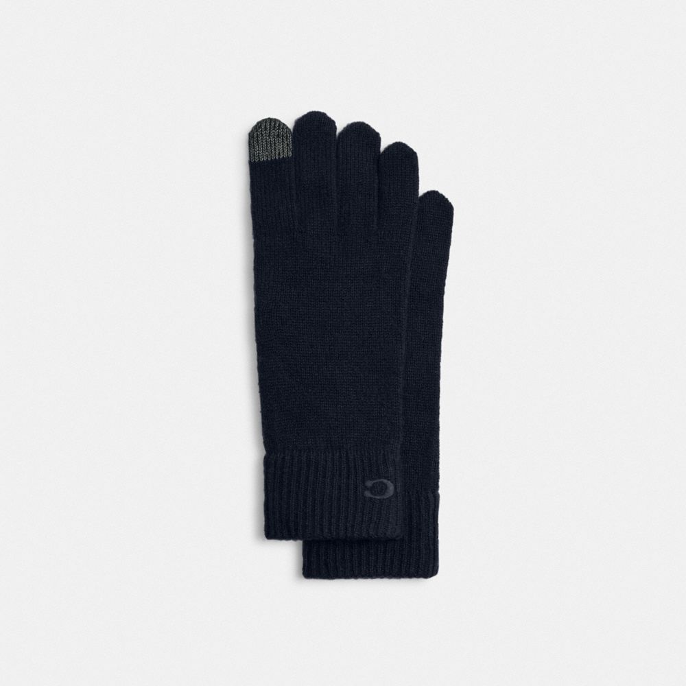 COACH®,Knit Tech Gloves,Wool,Classic Gloves,Embroidered,Logo,Tech Touch,Casual,Navy,Front View