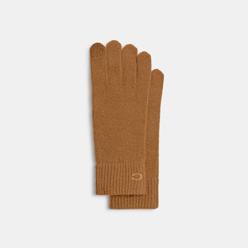 COACH®,Knit Tech Gloves,Wool,Classic Gloves,Embroidered,Logo,Tech Touch,Casual,Brown,Front View