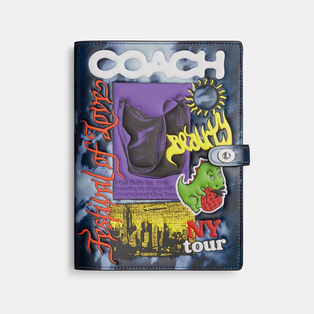 COACH®,NOTEBOOK WITH TIE-DYE PRINT,Cody X Coach,Silver/Midnight Navy Multi,Front View