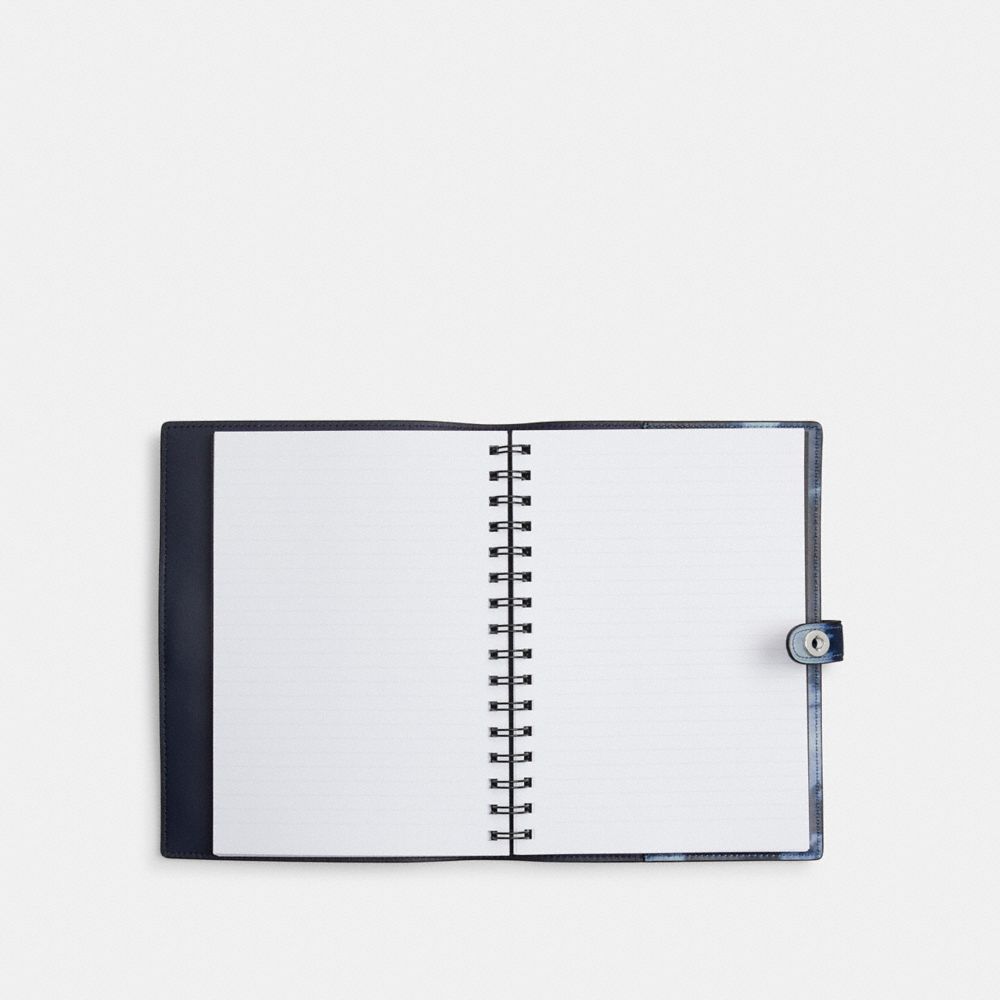 COACH®,Notebook With Tie Dye Print,Leather,Notebook,Graphic,Words,Embossed,Logo,Multi Color,Inside View,Top View