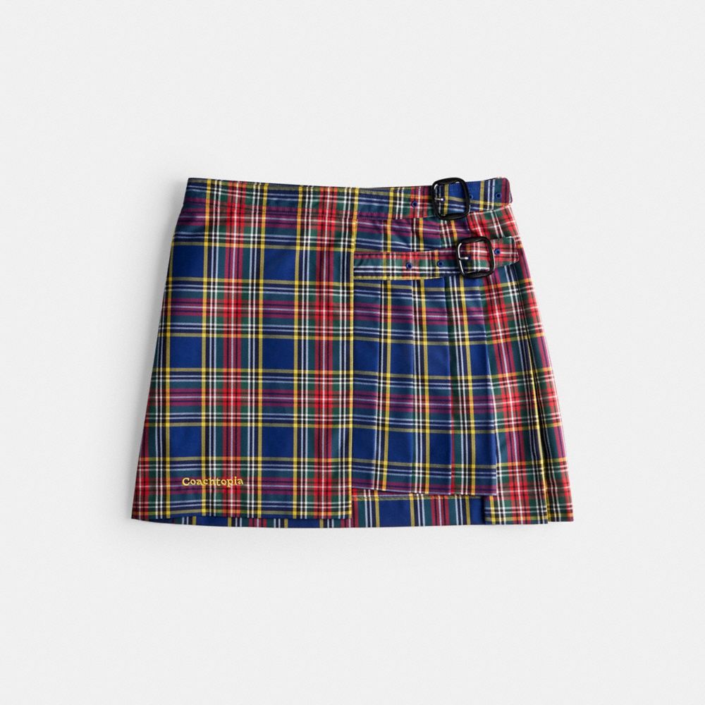 COACH®,Coachtopia Loop Mini Skirt With Plaid Pattern,A-Line,Embroidered,Pleats,Logo,Sustainable,Day Party,Multi Color,Front View