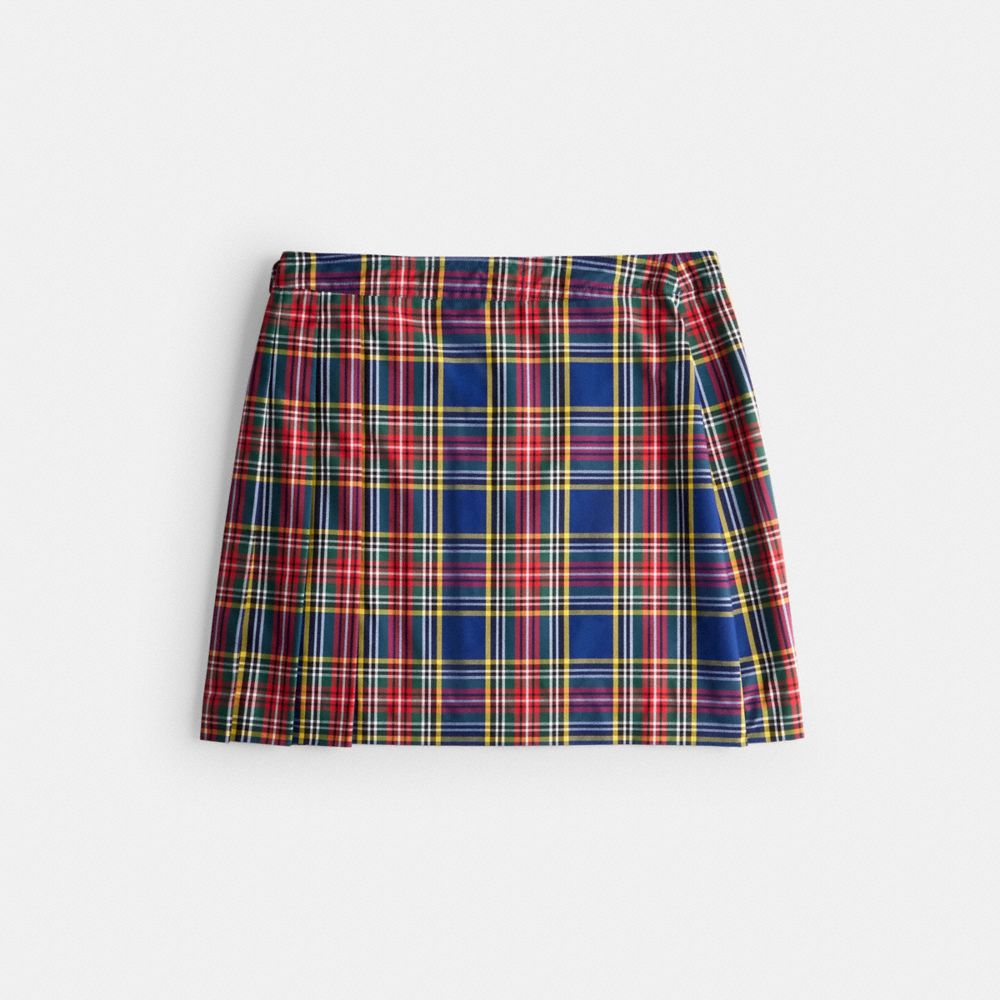 COACH®,Coachtopia Loop Mini Skirt With Plaid Pattern,A-Line,Embroidered,Pleats,Logo,Sustainable,Day Party,Multi Color,Back View