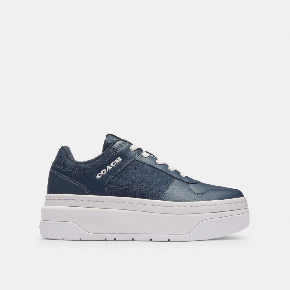 COACH®,PLATFORM SNEAKER IN SIGNATURE JACQUARD,Dark Denim,Angle View