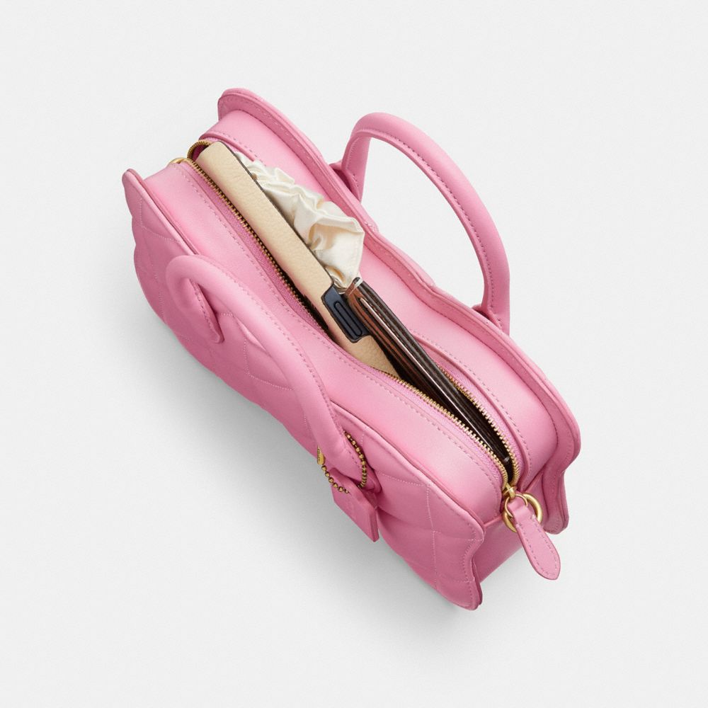 COACH®,Bow Bag With Quilting,Leather,Lining Lining Fabric Content,Crossbody,3D Embellishment,Embossed,Logo,Day Party,Pink,Inside View, Top View
