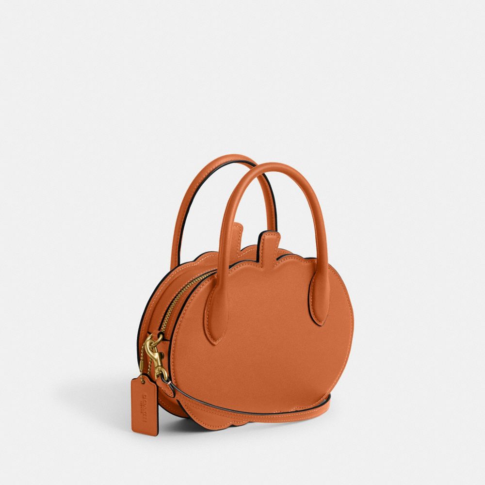 COACH®,Pumpkin Bag,Leather,Crossbody,Logo,Embossed,3D Embellishment,Brass,Day Party,Brown,Angle View