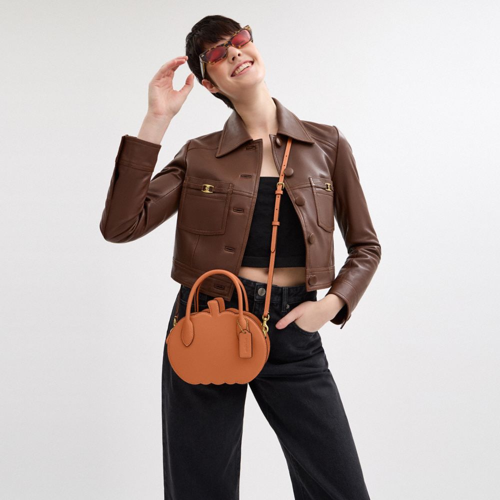 COACH®,Pumpkin Bag,Leather,Crossbody,3D Embellishment,Logo,Embossed,Brass,Day Party,Brown,Detail View