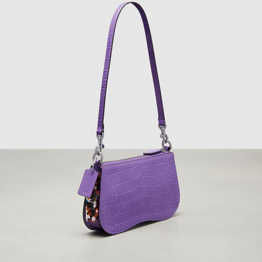 COACH®,Small Wavy Shoulder Bag In Croc Embossed Coachtopia Leather,Leather,Shoulder Bag,Animal Skin Embossing,Day Party,Purple,Angle View