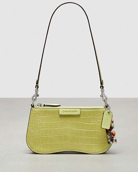 COACH®,Wavy Baguette Bag In Croc-Embossed Coachtopia Leather,Small,Pale Lime,Front View