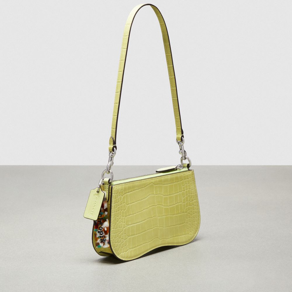 COACH®,Small Wavy Shoulder Bag In Croc Embossed Coachtopia Leather,Leather,Shoulder Bag,Animal Skin Embossing,Day Party,Green,Angle View