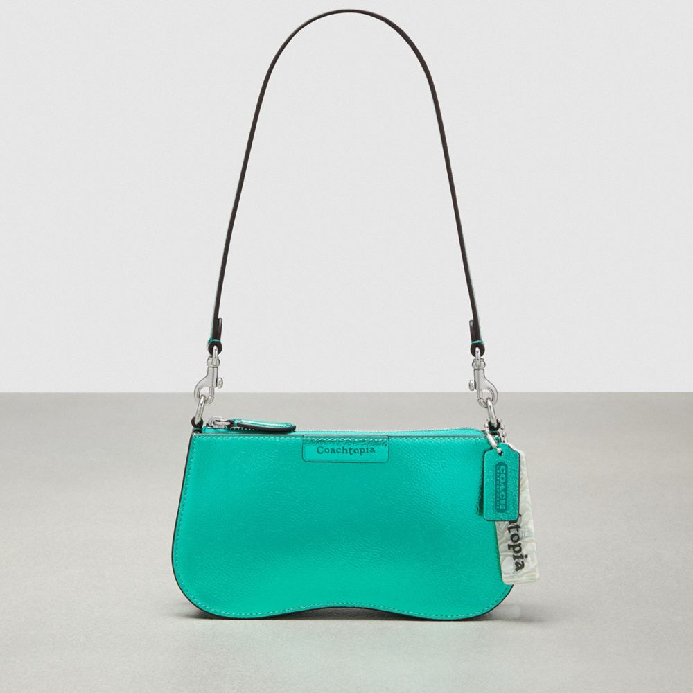 COACH®,Wavy Baguette Bag In Metallic Coachtopia Leather,Small,Green Metallic,Front View image number 0