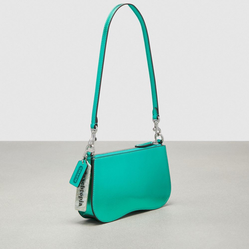COACH®,Small Wavy Shoulder Bag In Metallic Coachtopia Leather,Leather,Shoulder Bag,Tag Embellishment,Silver Metal,Day Party,Turquoise,Angle View