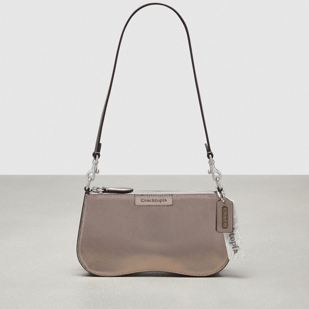 COACH®,Wavy Baguette Bag In Metallic Coachtopia Leather,Small,Gunmetal Metallic,Front View image number 0