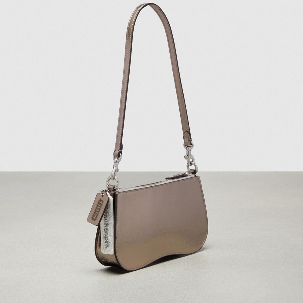 COACH®,Wavy Baguette Bag In Metallic Coachtopia Leather,Small,Gunmetal Metallic,Angle View