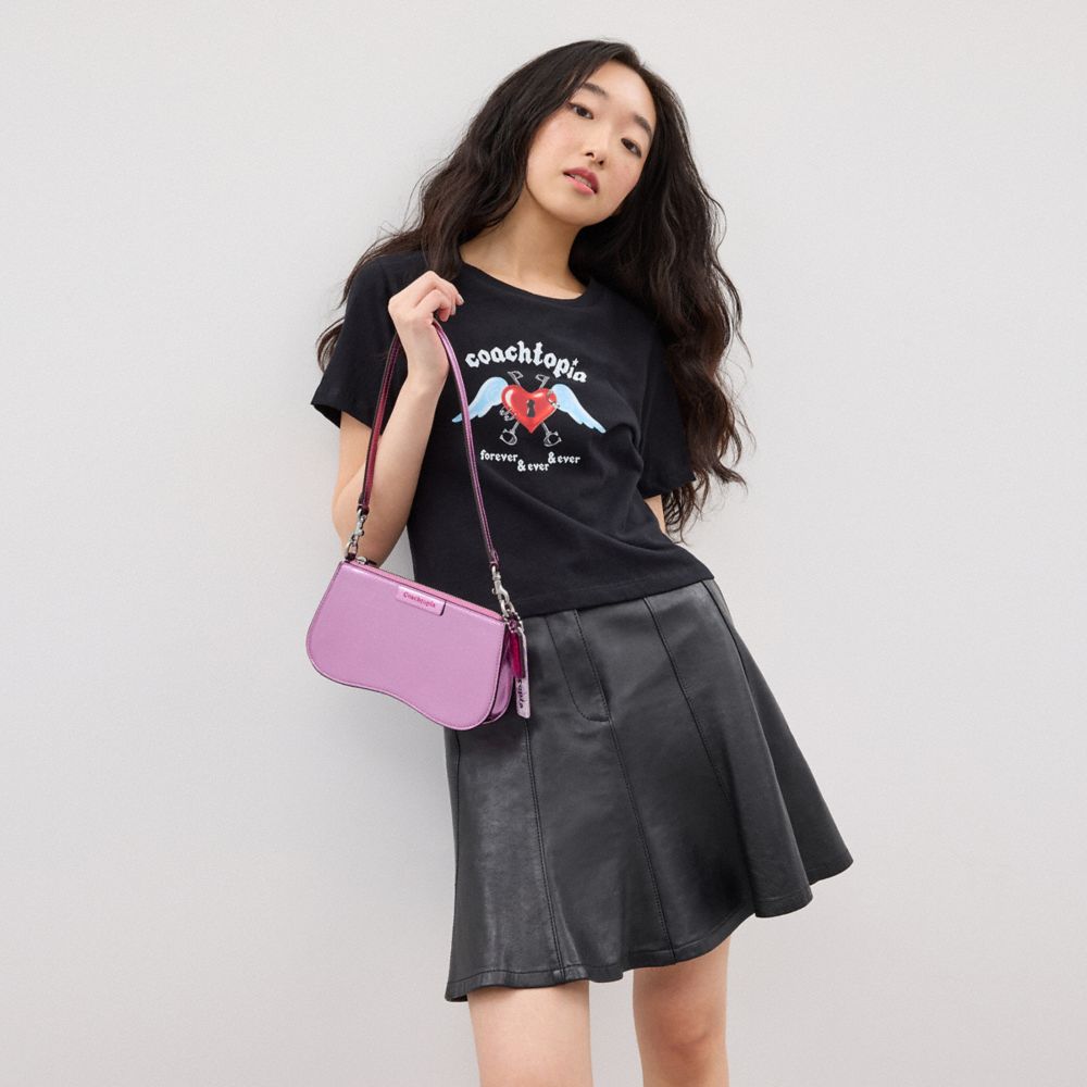 COACH®,Small Wavy Shoulder Bag In Metallic Coachtopia Leather,Leather,Shoulder Bag,Logo,Word Embellishment,Casual,Purple,Detail View