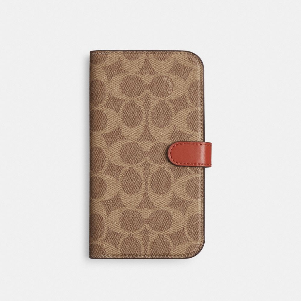 COACH®,ÉTUI PORTEFEUILLE POUR IPHONE 15 PRO MAX EN TOILE SIGNATURE,Beige,Front View