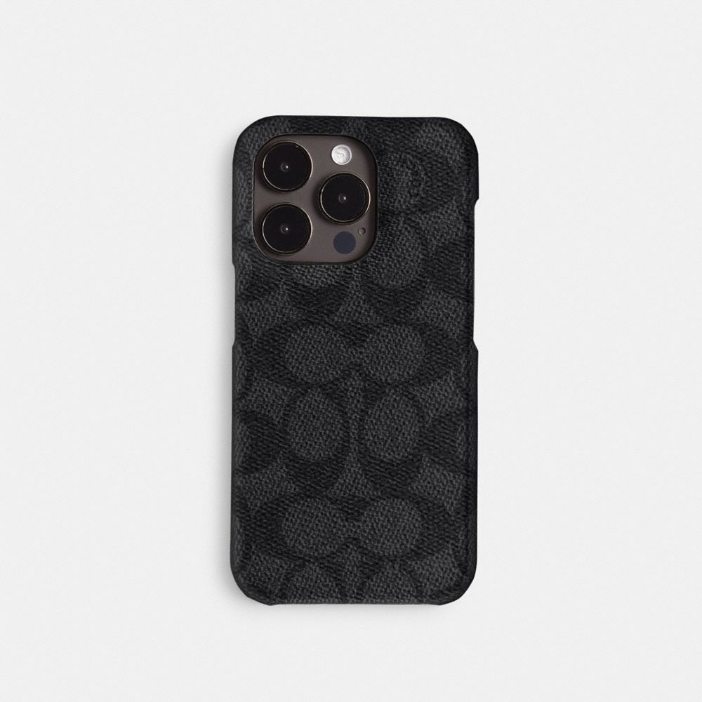 COACH®,IPHONE 15 PRO MAX CASE IN SIGNATURE CANVAS,Signature Coated Canvas,Charcoal,Front View