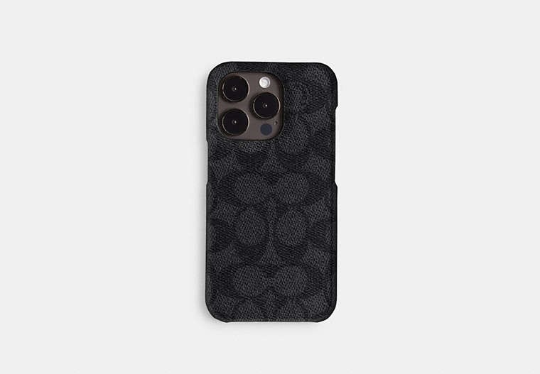 COACH®,IPHONE 15 PRO MAX CASE IN SIGNATURE CANVAS,Signature Coated Canvas,Charcoal,Front View