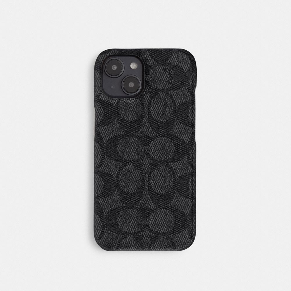 COACH®,IPHONE 15 CASE IN SIGNATURE CANVAS,Signature Coated Canvas,Charcoal,Front View