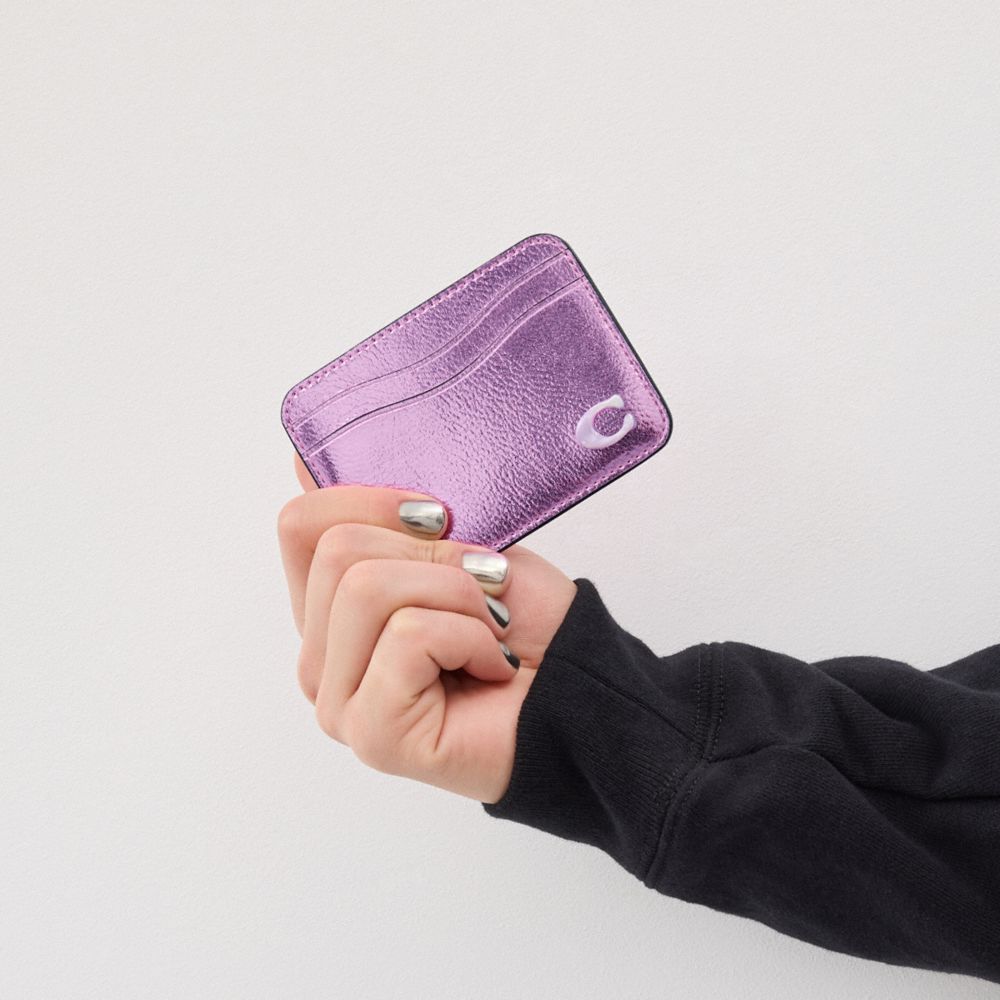 COACH®,Wavy Card Case In Metallic Coachtopia Leather,Leather,Card Case,Logo,Word Embellishment,Casual,Metallic,Pink,Detail View