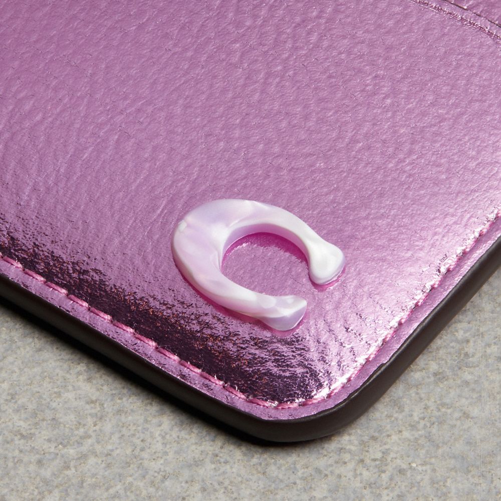 COACH®,Wavy Card Case In Metallic Coachtopia Leather,Leather,Card Case,Logo,Word Embellishment,Casual,Metallic,Pink,Group View