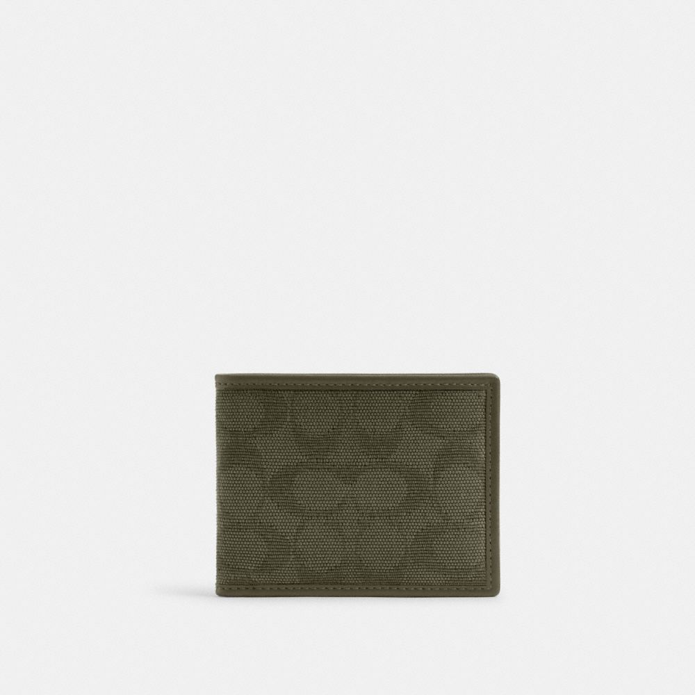 COACH®,SLIM BILLFOLD WALLET IN SIGNATURE CANVAS JACQUARD,Army Green,Front View