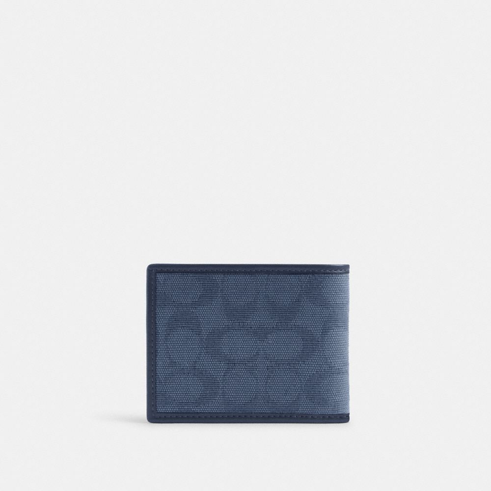 COACH®,Slim Billfold Wallet In Signature Canvas Jacquard,Cotton,Bi Fold,Casual,Blue,Back View