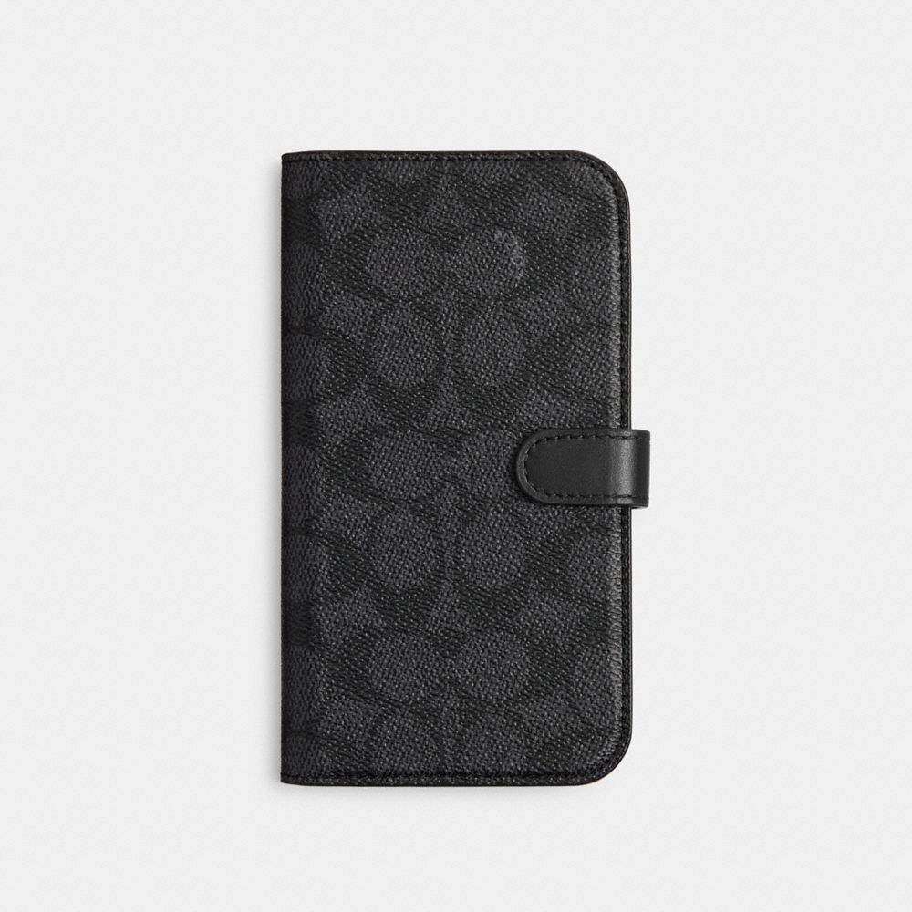 COACH®,ÉTUI PORTEFEUILLE POUR IPHONE 15 PRO MAX EN TOILE SIGNATURE,La toile enduite Signature de Coach,Anthracite,Front View