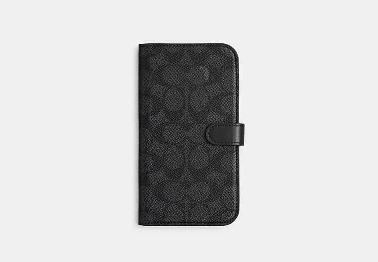 COACH®,IPHONE 15 PRO MAX FOLIO IN SIGNATURE CANVAS,Signature Coated Canvas,Charcoal,Front View