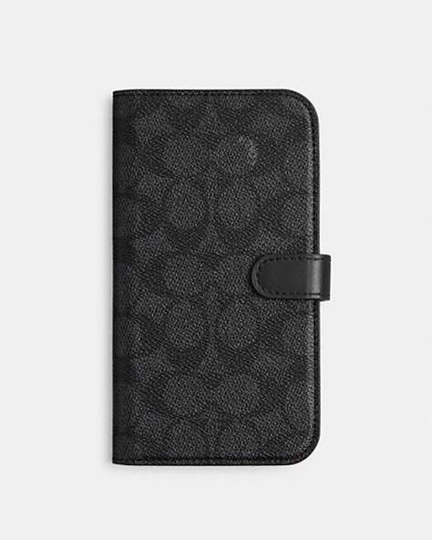 COACH®,IPHONE 15 FOLIO IN SIGNATURE CANVAS,Signature Coated Canvas,Charcoal,Front View