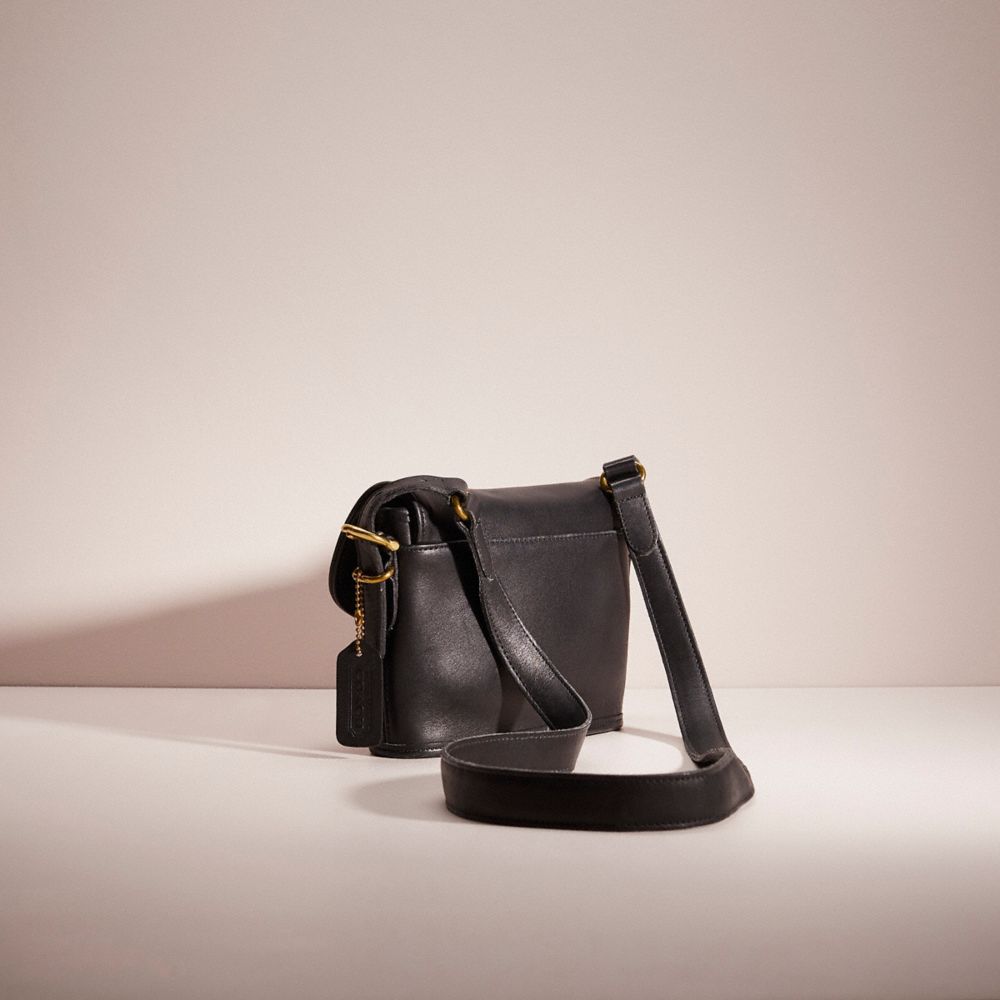 COACH®,Vintage Equestrian Small Flap Bag,Leather,Crossbody,Logo,Tag Embellishment,Brass,Casual,Black,Angle View