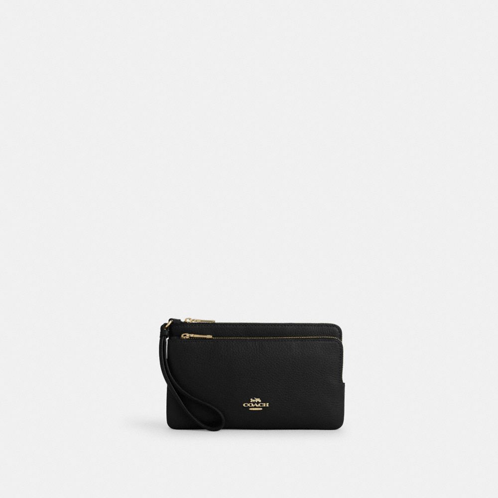 COACH®,PORTEFEUILLE À DOUBLE ZIP,Cuir galet,Or/Noir,Front View