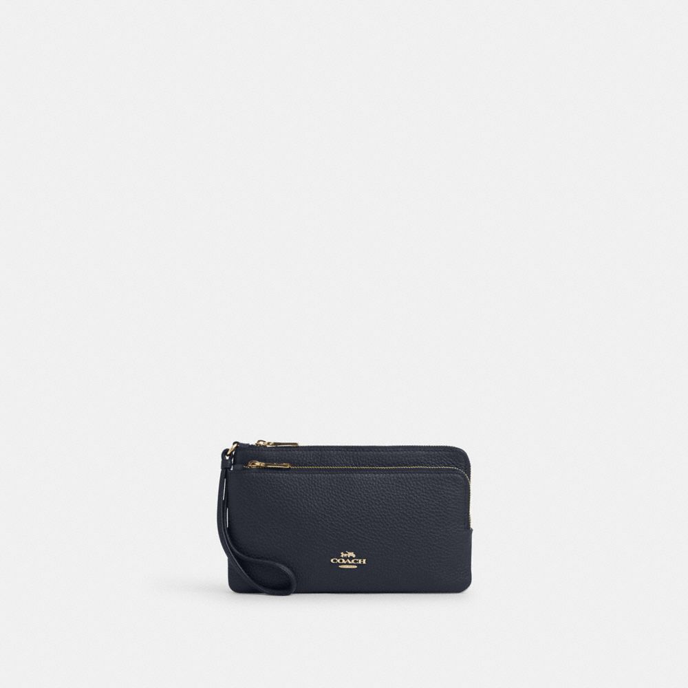 COACH®,DOUBLE ZIP WALLET,Pebbled Leather,Mini,Gold/Midnight,Front View