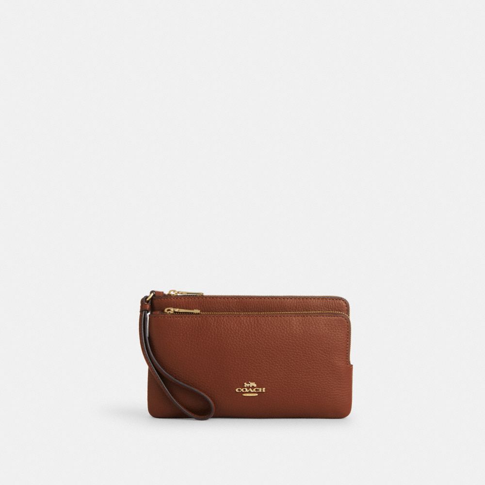 COACH®,DOUBLE ZIP WALLET,Pebbled Leather,Mini,Gold/Redwood,Front View