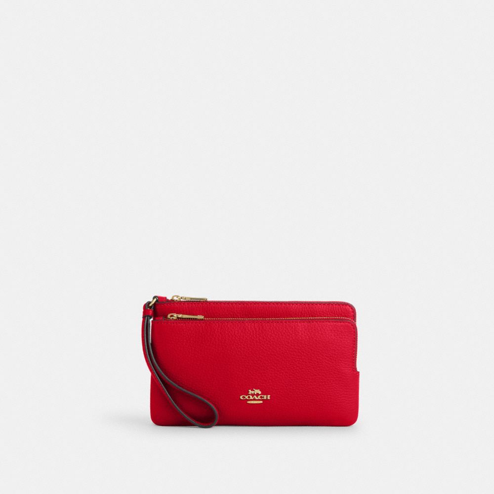 COACH®,PORTEFEUILLE À DOUBLE ZIP,Cuir galet,Or/Rouge audacieux,Front View