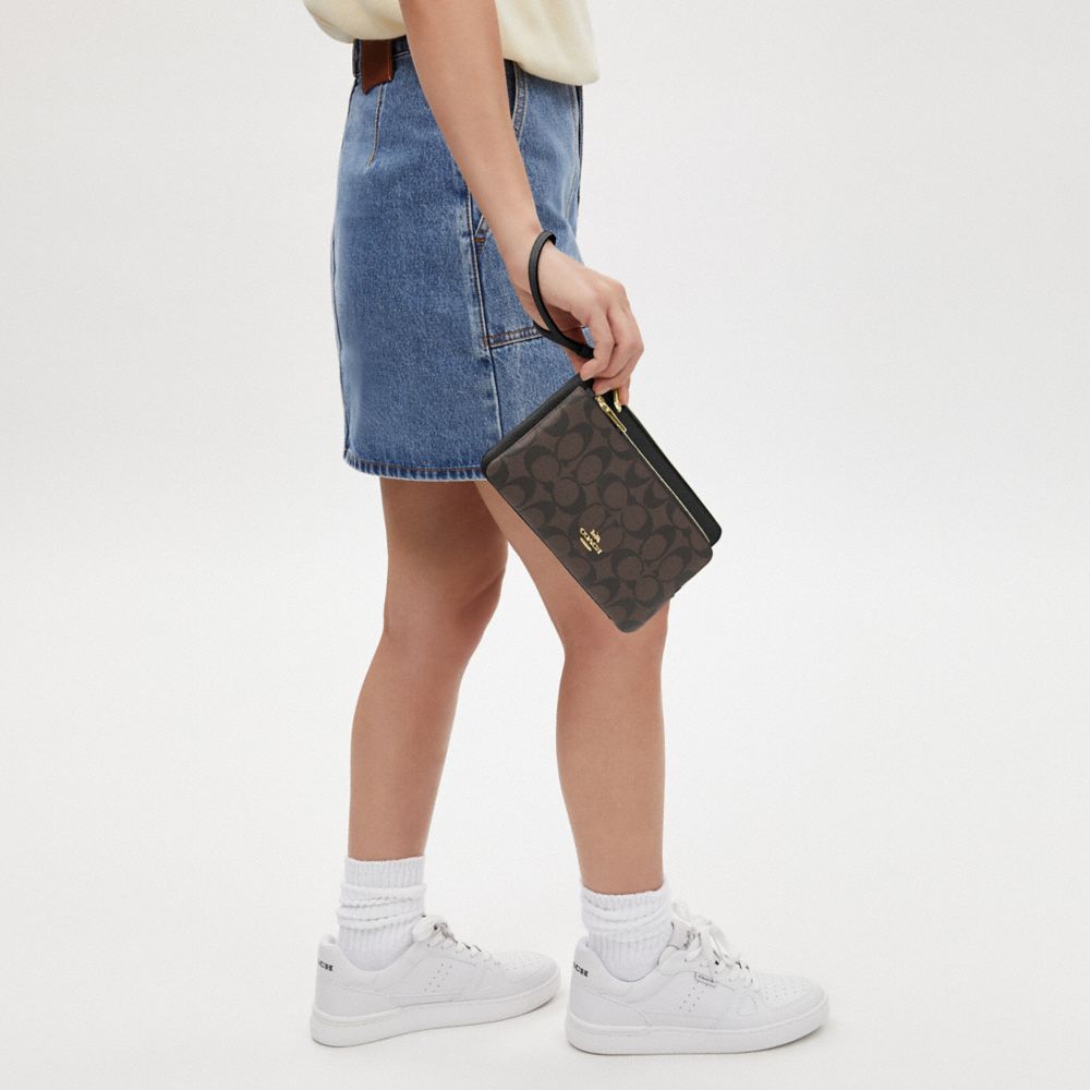 COACH®,Double Zip Wallet In Signature Canvas,Leather,Wristlet,Metal,Logo,Casual,Brown,Detail View